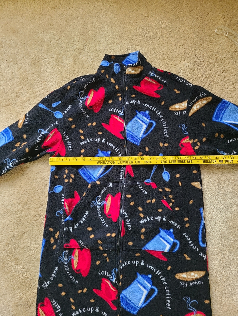 Black Fleece Zip-Up Robe with Red & Blue Coffee Print